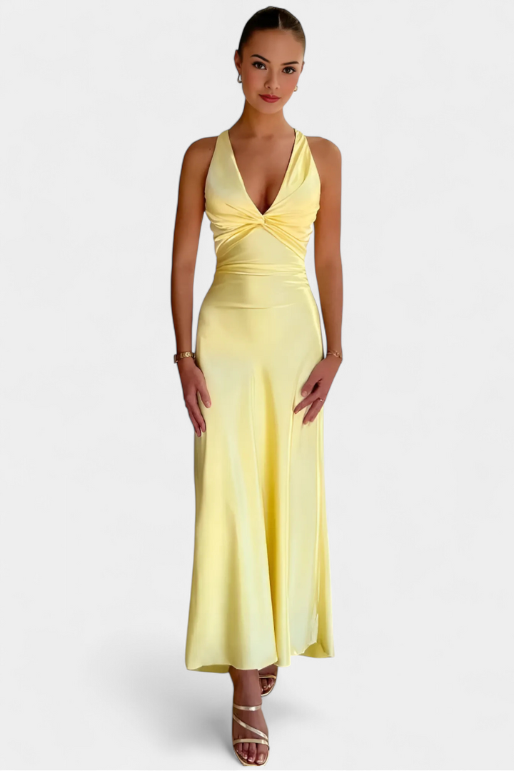 Elegant Lea Dress with Gathered Waist and V-Neck