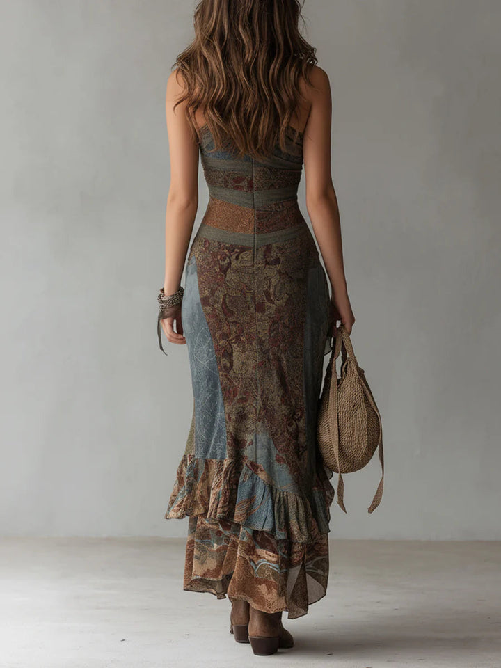 Elena – Asymmetrical Maxi Dress with Ethnic Pattern