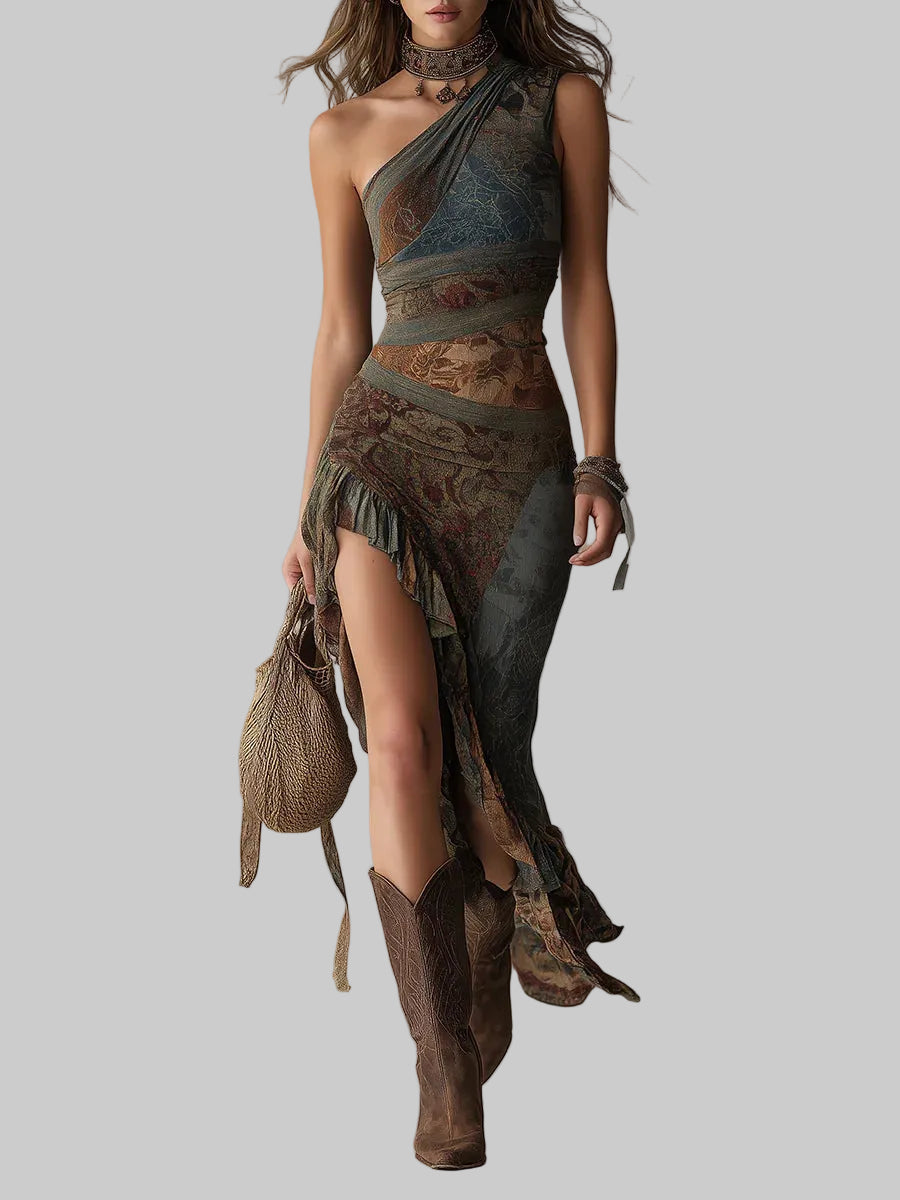 Elena – Asymmetrical Maxi Dress with Ethnic Pattern