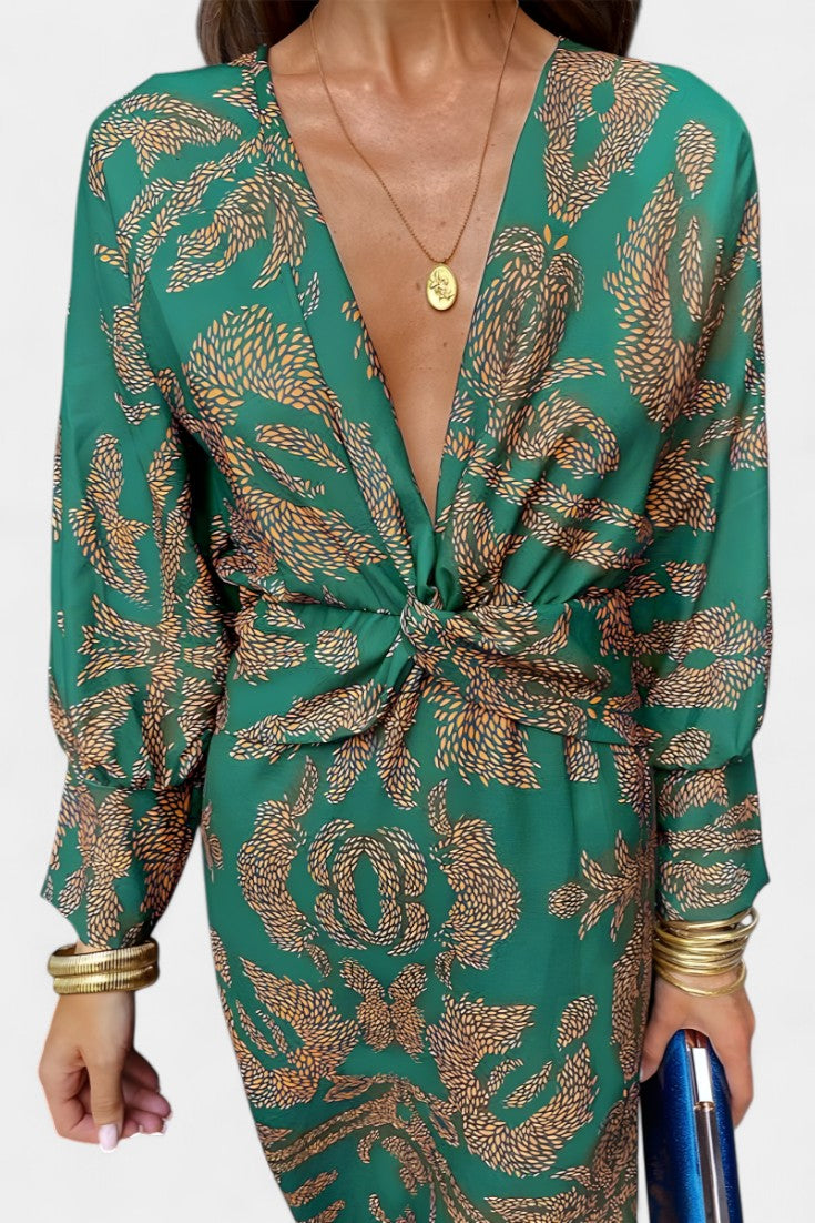 Ema - Maxi Dress with V-Neck and Front Knot