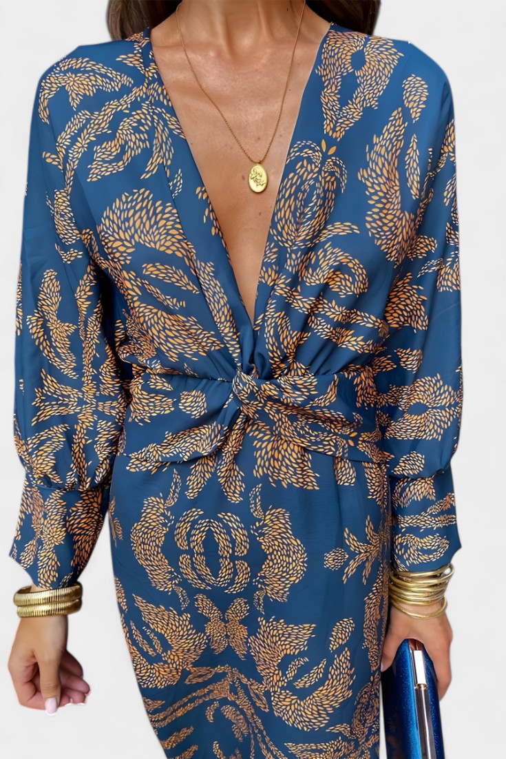 Ema - Maxi Dress with V-Neck and Front Knot