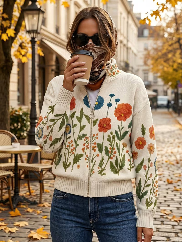Juniper | Zip-Up Cardigan with Wildflower Medallion