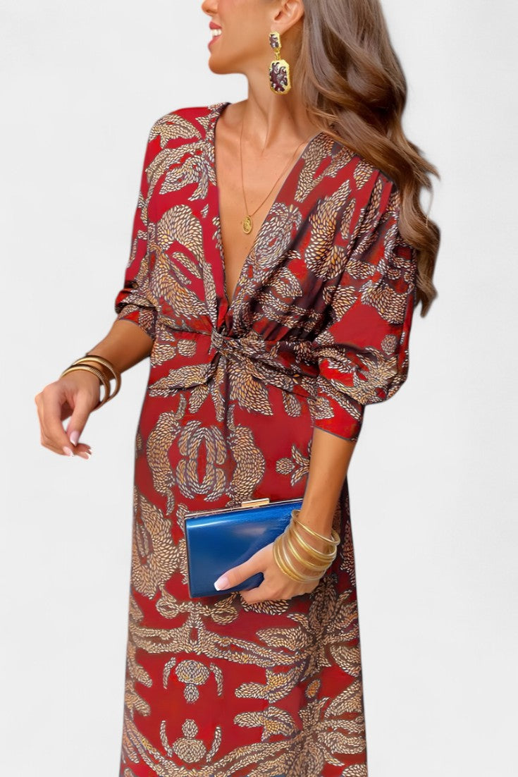 Ema - Maxi Dress with V-Neck and Front Knot