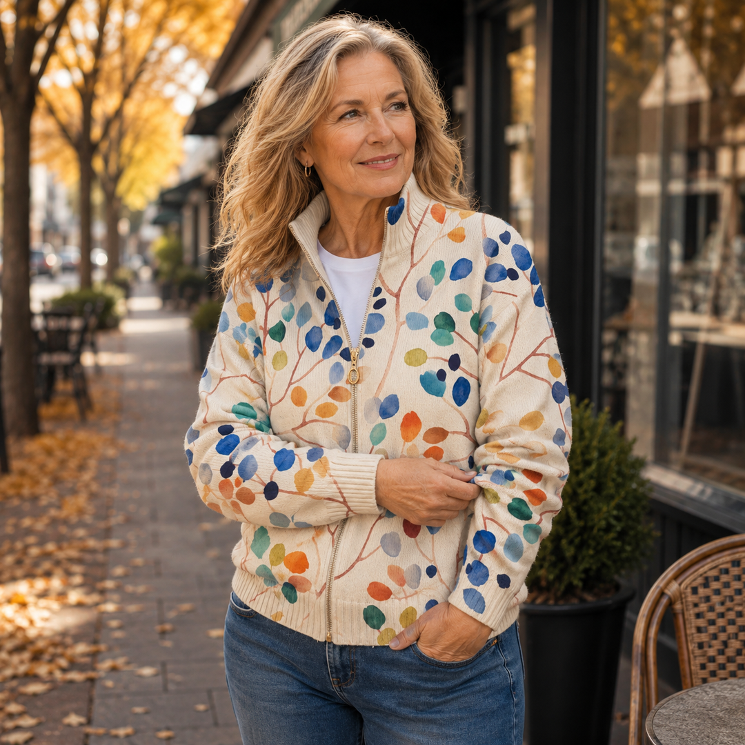 Delphine | Zip-Up Cardigan with Botanical Print