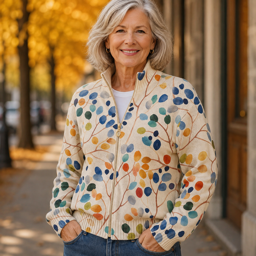 Delphine | Zip-Up Cardigan with Botanical Print