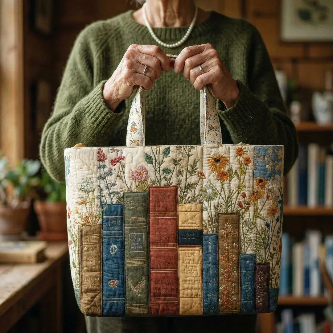 Quilted Artisan Bag - Books and Flowers