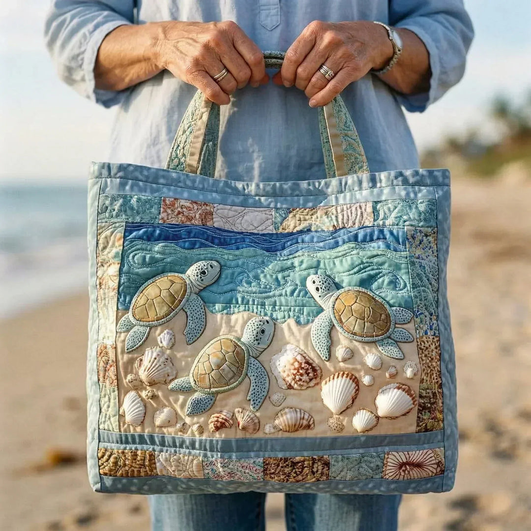 Quilted Artisan Tote Bag - Sea Turtles