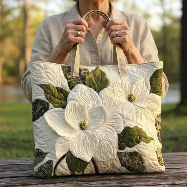 Quilted Artisan Tote Bag - Pretty White Lilies