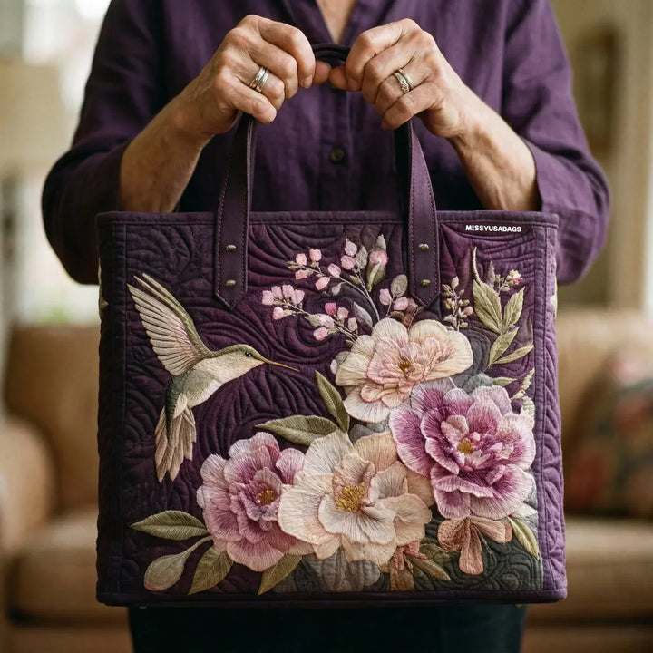 Padded tote bag - Hummingbird and Orchids
