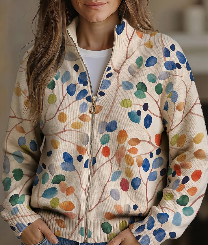 Delphine | Zip-Up Cardigan with Botanical Print