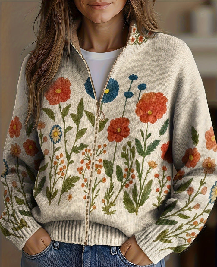Juniper | Zip-Up Cardigan with Wildflower Medallion